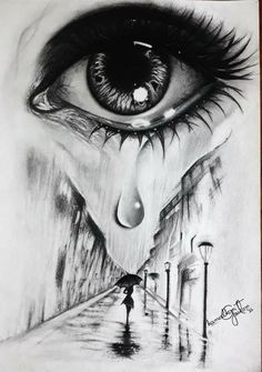 a drawing of an eye with tears on it and a person holding an umbrella in the rain