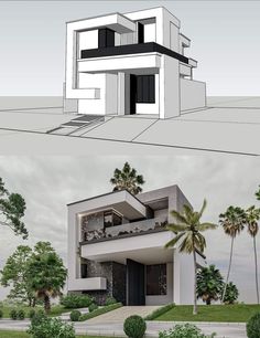 an architectural drawing of a house with palm trees in the foreground and on the far side