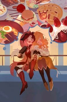 two people are sitting on a bench in front of some food and hamburgers hanging from the ceiling