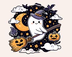 a cartoon character flying on a broom with two pumpkins and a witch's hat