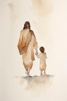 a watercolor painting of a mother and child holding hands