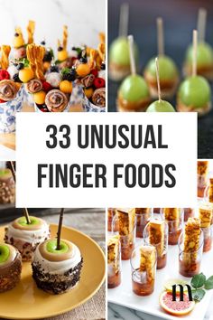 there are many unusual finger foods in this collage with the words 33 unusual finger foods