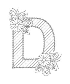 the letter d with flowers and leaves on it is outlined in black and white coloring