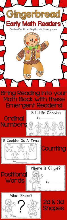 the gingerbread early math readers activity pack is shown in red and white with black text