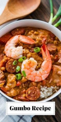 a white bowl filled with gumbo shrimp and rice