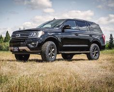 a black truck parked in the middle of a field