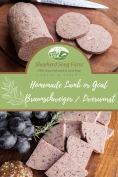 A green banner with the title and logo runs through the middle. The top image is the log of liverwurst that is cut into slices on a cutting board. The bottom image are small slices of liverwurst that are part of a charcuterie board. Braunschweiger Recipes, Liverwurst Recipe, Organ Meat Recipes, Chicken Pate, Meals In Jars, Swiss Cuisine, Liverwurst, Lamb Cuts