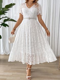 White  Collar Short Sleeve Lace   Embellished Slight Stretch Summer,All Women Plus Clothing Lace White Dress Short, White Lace Dress Short, Long Sleeve Cotton Dress, Cold Shoulder Lace, White Short Dress, Easy Trendy Outfits, Ruffle Hem Dress, Plus Size Wedding