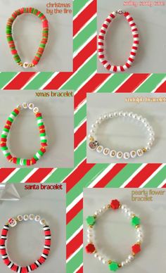 6 super cute christmas bracelets inspired by christmas things! handmade by Elle! Cute Christmas Bracelet Ideas, Christmas Clay Bracelets, How To Make Clay Bead Bracelet, Bracelet Inspiration Clay Beads, Diy Christmas Bracelets, Clay Bead Bracelet Patterns, Braslet Ideas Cute