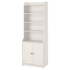 a white bookcase with two doors and one door open on the bottom, in front of a white background