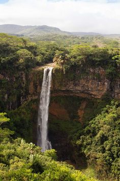 a large waterfall in the middle of a lush green forest