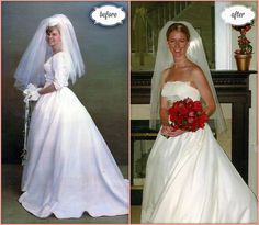 two pictures of the same woman in wedding dresses