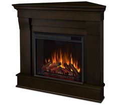 an electric fireplace with flames and logs