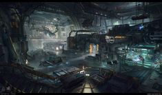 an image of a sci - fi environment with lots of lights and machinery in it