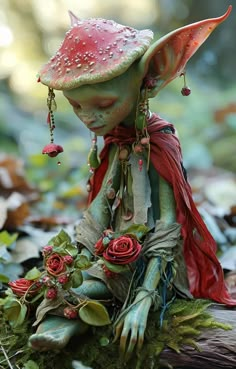 a doll is sitting on the ground with flowers in it's hands and wearing a red hat