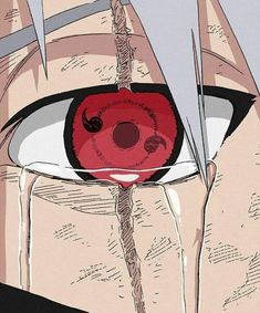 an anime character with tears on his face and eye looking up at the viewer from behind