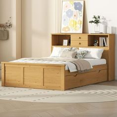 a bed sitting in a bedroom next to a wooden book shelf on top of a white rug