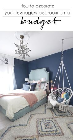 a bedroom with blue walls and a white bed in the center, hanging chair on the side