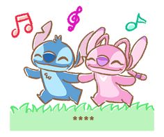 two cartoon characters are dancing together in the grass with musical notes behind them and music symbols above