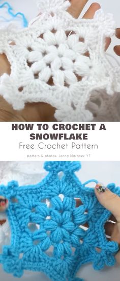 the crochet snowflake pattern is shown in two different pictures, one showing how to crochet it