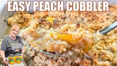 a woman is holding a spoon full of peach cobbler crumbled with the words easy peach cobbler on it