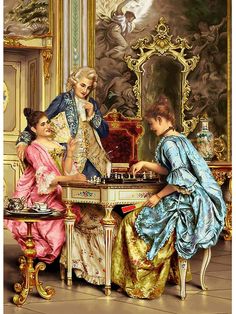 three women playing chess in an ornately decorated room