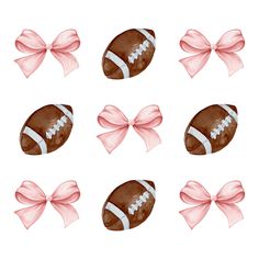 a set of six watercolor footballs with pink bows