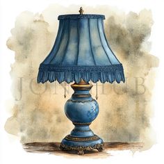 a blue lamp on a table in front of a watercolor drawing or painting background