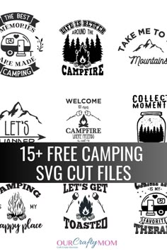 camping badges and stickers with the words free camping svg cut files