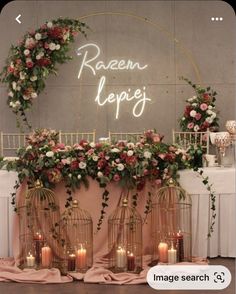 an image of a wedding sign with flowers and birds in cages on the front wall