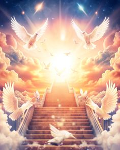 two white doves are flying over the steps leading to heaven