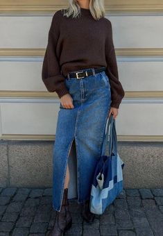 What To Wear With Jean Skirt [2024]: 70+ Trendy Denim Skirt Outfit Ideas To Style The Trend Blue Denim Skirt Outfit, Denim Skirt Winter, Denim Skirt Outfit Winter