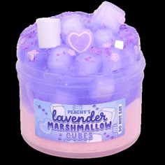 lavender marshmallows in a plastic container with hearts on the top and purple frosting