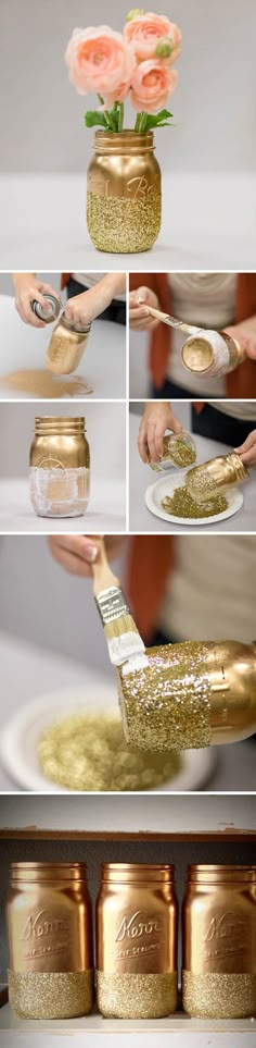 gold glitter mason jars with spoons and flowers in them