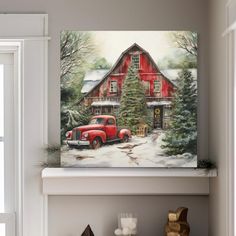 an old red truck is parked in front of a house with snow on the ground