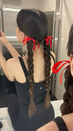 Red Ribbon Braids, Two Braids With Ribbon Bows, Pigtail Bow Hairstyle, Guts Tour Hairstyles, Hairstyle With Two Bows, Pig Tails With Bows, Bows And Braids, Red Bows In Hair, Red Bow Outfit