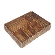 a wooden tray with six compartments on it's sides and one section open to show the