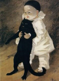 a painting of a child holding a black cat in her arms and wearing a white dress