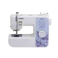 the brother sewing machine is white and has blue flowers on it's front side