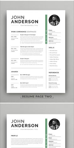 two page resume template with green accents on the front and back, one in white