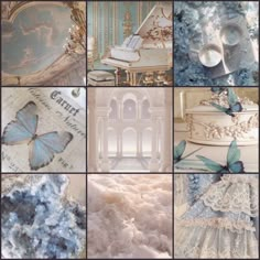 a collage of pictures with blue and white decor on it's sides, including a cake, an ornate chair, a grand piano in the background