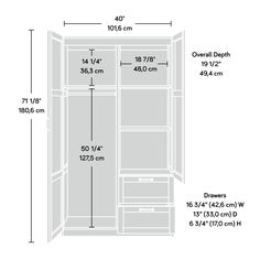 an open refrigerator with measurements for the door and drawer area, including one side by side