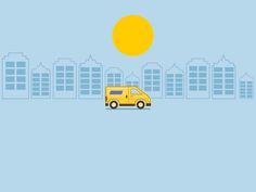 a yellow van is driving down the road in front of some buildings and a sun