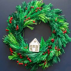 a christmas wreath with a house on it