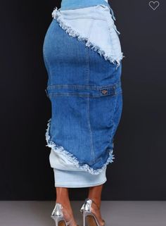 Denim distressed skirt button down the front 2 tone medium duo blue jacket inspired stretch denim Jean Shirts Women Outfits, Chic Denim Outfits, Denim Fabrics, Distressed Skirt, Boutique Style Outfits, Denim Skirt Women, Boutique Store, Denim Maxi Skirt