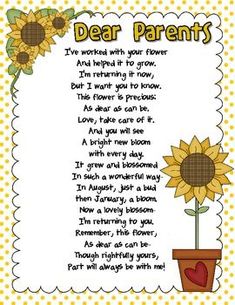 a poem with sunflowers on it and the words dear parents written in front