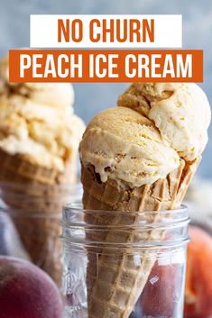 no churn peach ice cream in a glass jar with two scoops on top