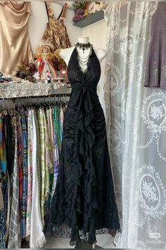 Unique Dresses Aesthetic, Alt Dresses Formal, Cute Black Dresses Classy, Prom Dresses Goth, Alt Prom Dresses, Goth Formal Dress, Prom Dress Halter Neck, Bow Prom Dress, Reception Party Dress