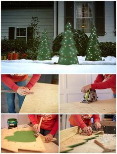 the process of making a christmas tree out of plywood and wood planks is shown