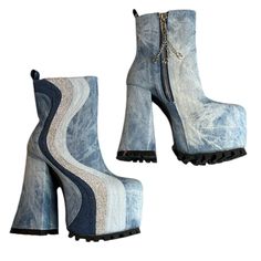 From Website: “When In Doubt, Spread Your Sparkle! These Ankle Boots Have A Denim Construction, Sparkly Glitter All Over, Wavy Side Stripes, Side Zip Closures With Branded Charm Pulls, Block Heels, And Treaded Outsoles. Materials: Denim Upper Synthetic Textile Lining And Insole Eva Outer Sole Heel Height: 5.5" Heel Platform Height: 4" Platform No Box D3xe6t Dolls Kill Shoes, Diesel Punk, Dieselpunk, Side Stripe, Platform Boots, Dolls Kill, Side Zip, Block Heels, Heel Height